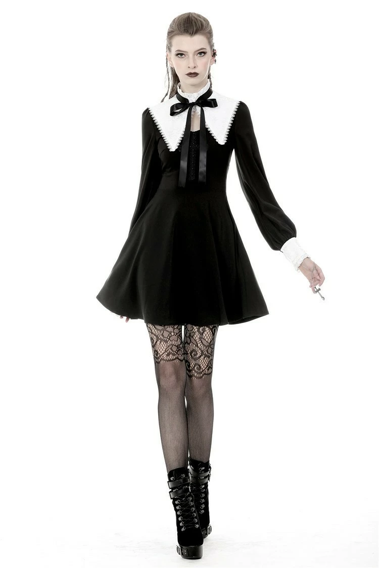 Dark In Love Dresses Gothic Lolita Black And White Bow Neck Jacquard Collar Cuffs Pleated Dress - Image 5