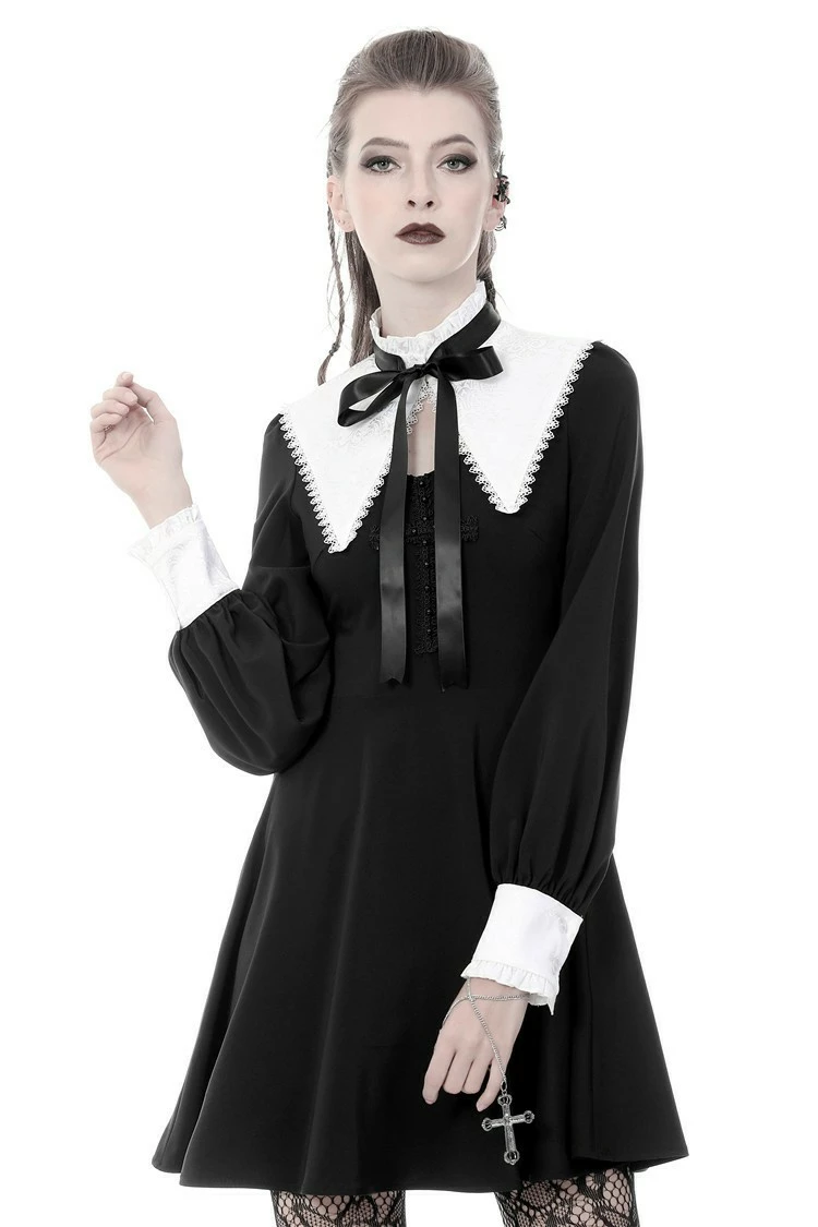 Dark In Love Dresses Gothic Lolita Black And White Bow Neck Jacquard Collar Cuffs Pleated Dress - Image 6