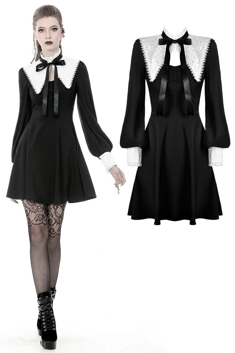 Dark In Love Dresses Gothic Lolita Black And White Bow Neck Jacquard Collar Cuffs Pleated Dress