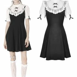 Dark In Love Dresses Gothic Lolita Bow Knots Pleated Black White Doll Midi Dress