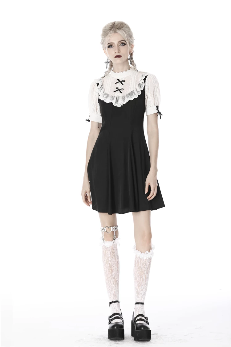 Dark In Love Dresses Gothic Lolita Bow Knots Pleated Black White Doll Midi Dress - Image 6