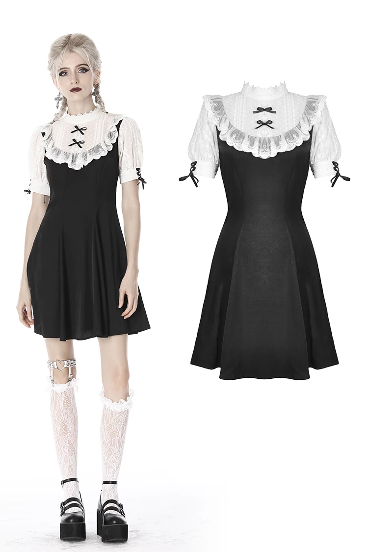 Dark In Love Dresses Gothic Lolita Bow Knots Pleated Black White Doll Midi Dress