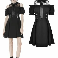 Dark In Love Dresses Gothic Lolita Cold Shoulder Bow Puff Sleeves Hooks Lace Pleated Black Dress