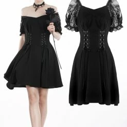 Dark In Love Dresses Gothic Lolita Puff Floral Lace Sleeves Double Lace Up Chiffon Dress
