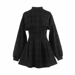 RebelsMarket Dresses Gothic Plaid High-waisted Long Lantern Sleeves Mini Dress