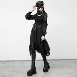Punk Rave Dresses Gothic Sheer Sleeves Black Layered Dress