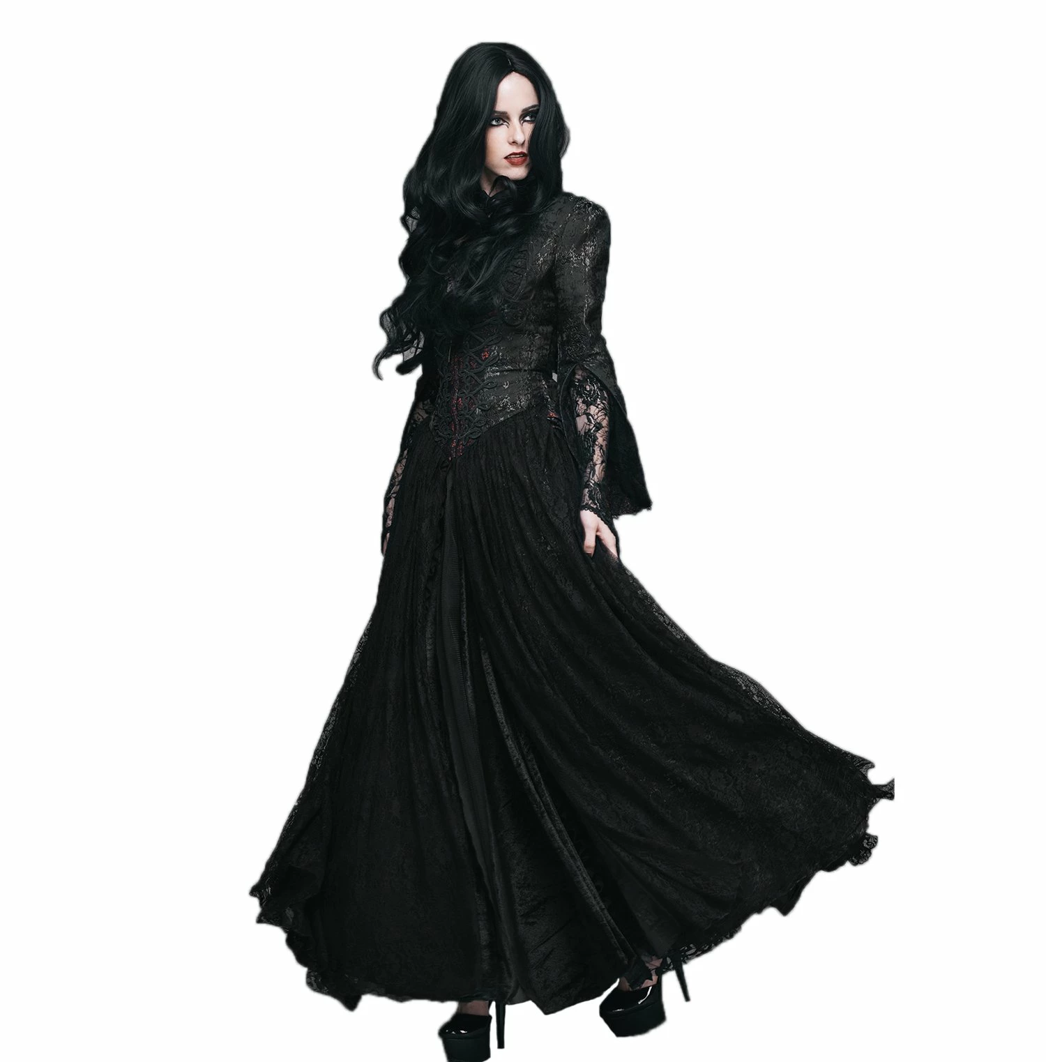 Eva Lady Dresses Gothic Split Sleeves Front Zipper Black Peplum Top Lace Gown - Image 2