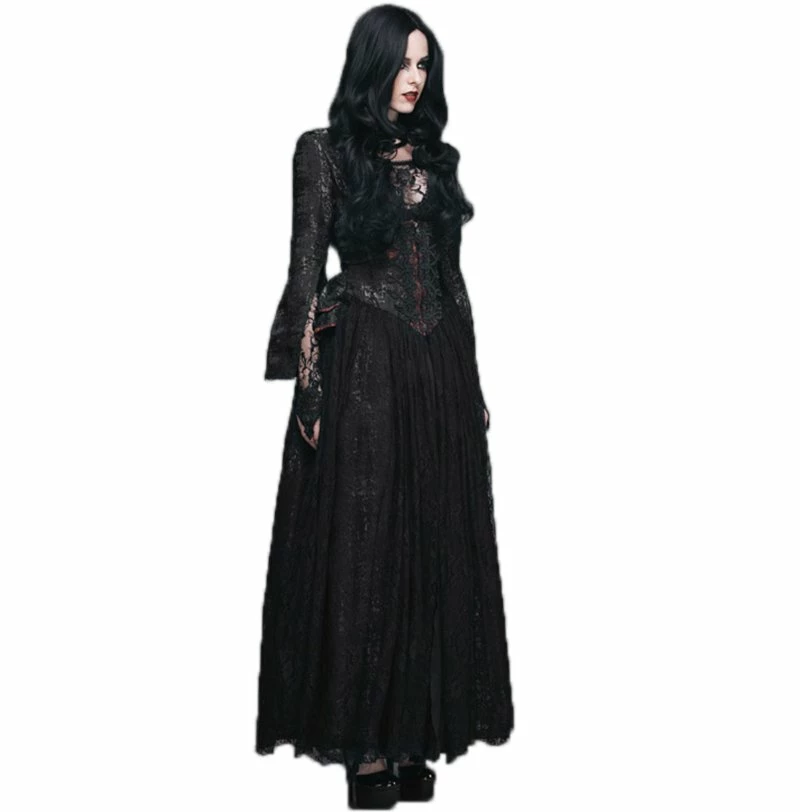 Eva Lady Dresses Gothic Split Sleeves Front Zipper Black Peplum Top Lace Gown - Image 3