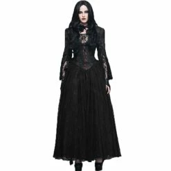 Eva Lady Dresses Gothic Split Sleeves Front Zipper Black Peplum Top Lace Gown