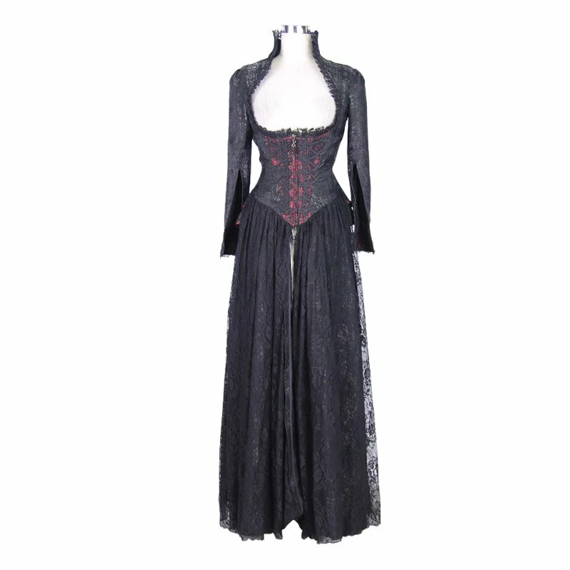 Eva Lady Dresses Gothic Split Sleeves Front Zipper Black Peplum Top Lace Gown - Image 5