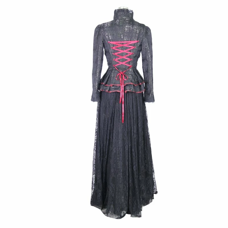 Eva Lady Dresses Gothic Split Sleeves Front Zipper Black Peplum Top Lace Gown - Image 6