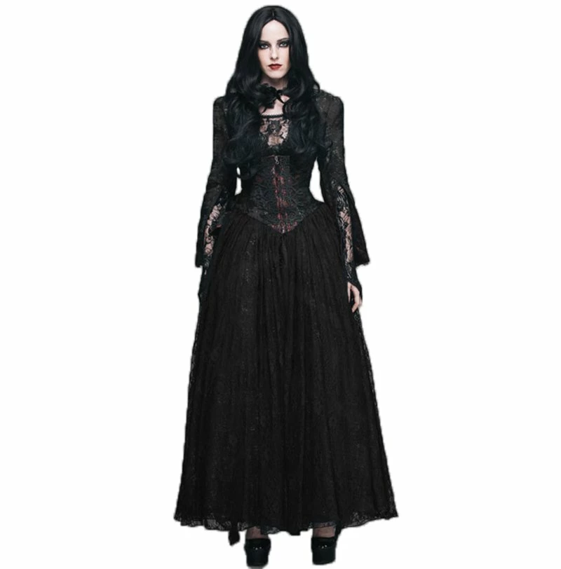 Eva Lady Dresses Gothic Split Sleeves Front Zipper Black Peplum Top Lace Gown