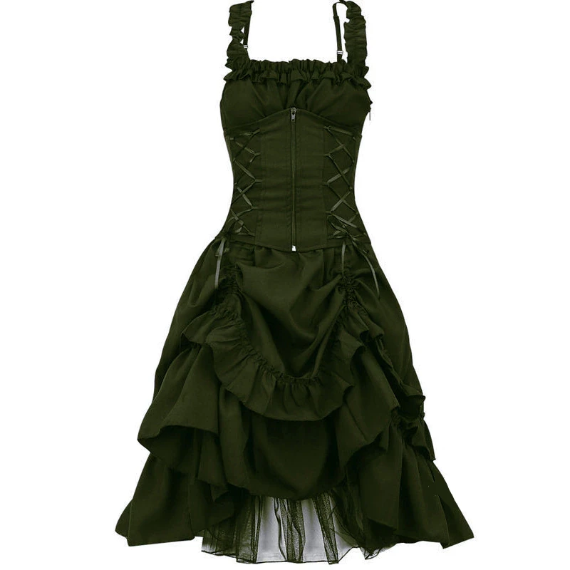 FashionSprout Dresses Gothic Steampunk Spaghetti Strap Ruched Lace Up Corset Dress