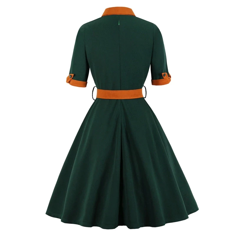 FashionSprout Dresses Green Contrast Bow-Neck Cuff And Belt Swing Dress - Image 2