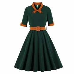 FashionSprout Dresses Green Contrast Bow-Neck Cuff And Belt Swing Dress