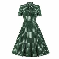 FashionSprout Dresses Green Polka Dots Turn-Down Collar 50s Vintage Zipper Dress
