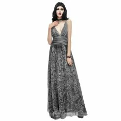 Eva Lady Dresses Vintage Retro Grey Spaghetti Strap Wide Waist Zipper Floral Embroidered Silk Maxi Dress