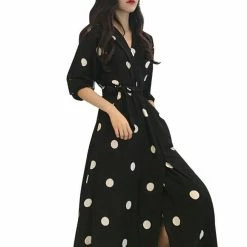 FashionSprout Dresses Streetwear Vintage Retro Bow Tie Polka Dots V Neck Half Sleeve Maxi Dress
