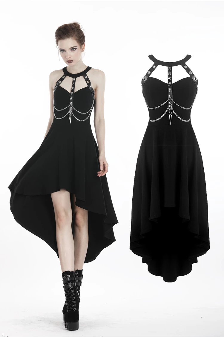 Dark In Love Dresses Hanging Metal Chain Metal Holes Straps Goth Punk Tail Dress