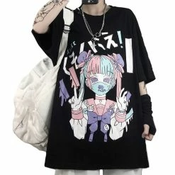 RebelsMarket T-Shirts Harajuku Masked Girl Cartoon Print Loose Punk T-Shirt