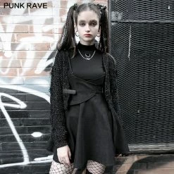 Punk Rave Dresses High Waist V Neck Buckle Belt Spaghettis Straps Black Pleated Mini Dress