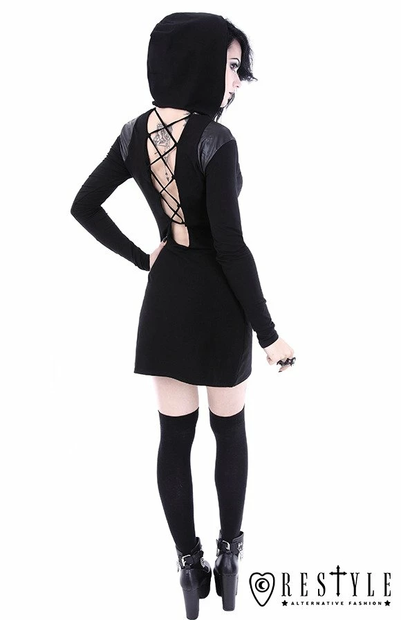 Restyle Dresses Lace-Up Black Gothic Removable Hood Slim-Fit Mini Dress - Image 6
