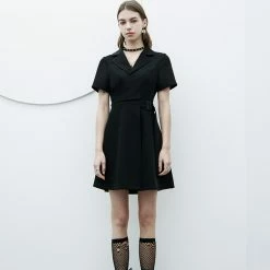 Punk Rave Dresses Lapel Collar Black A-Line Mini Dress