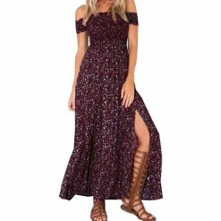 FashionSprout Dresses Boho Bohemian Off Shoulder Long Split Dress