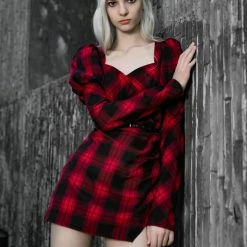Punk Rave Dresses Long Puff Sleeves Sweetheart Neckline Side Split Black Red Plaid Mini Dress