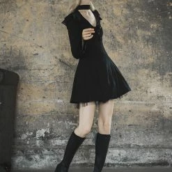 Punk Rave Dresses Long Sleeve Choker Collar V Neck Lace Up Black Flounce Dress