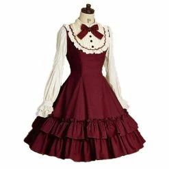 RebelsMarket Dresses Gothic Long Sleeve Stand Collar Bow Ruffle Lolita Dress
