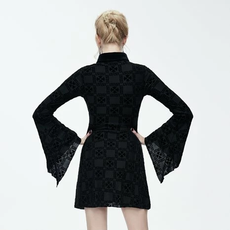 Thinkers Clothing Dresses Gothic Long Trumpet Sleeves Ribbon Lapel Collar Black Mini Dress - Image 3