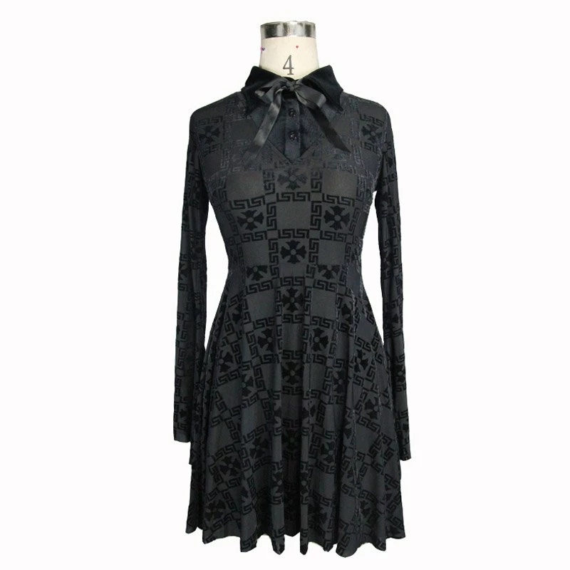Thinkers Clothing Dresses Gothic Long Trumpet Sleeves Ribbon Lapel Collar Black Mini Dress - Image 4