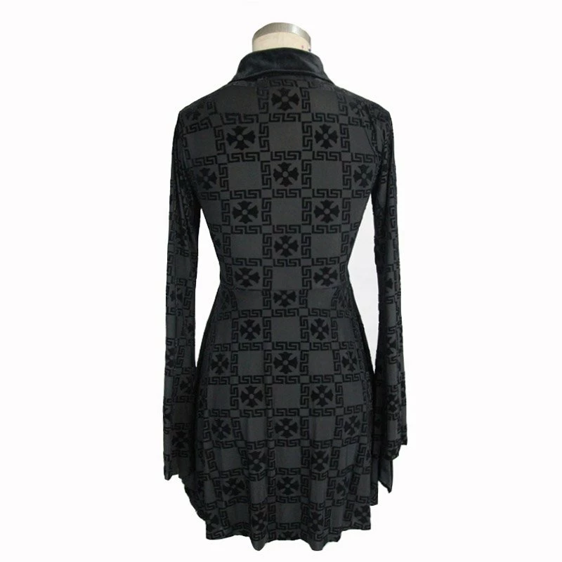 Thinkers Clothing Dresses Gothic Long Trumpet Sleeves Ribbon Lapel Collar Black Mini Dress - Image 6