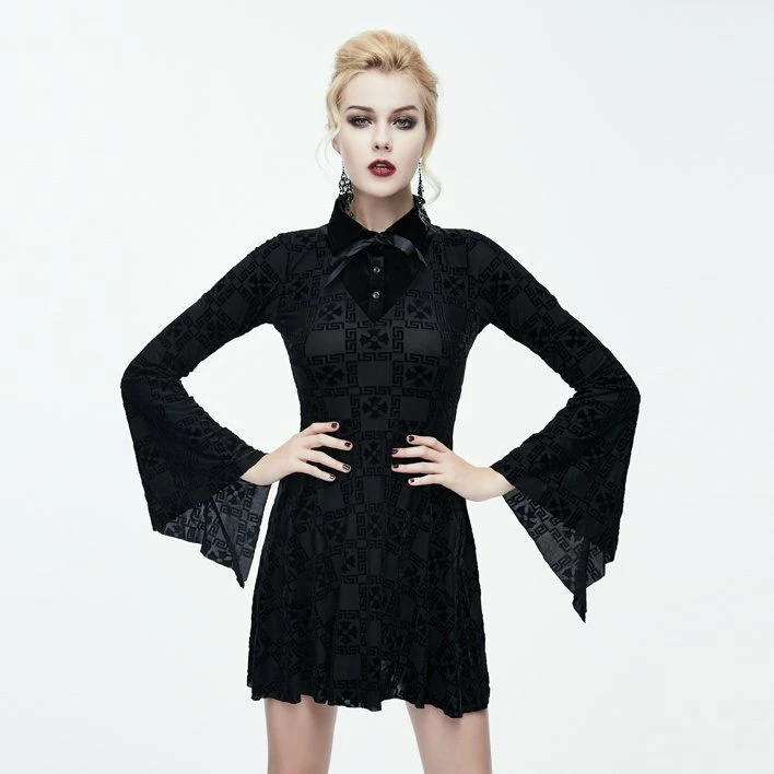 Thinkers Clothing Dresses Gothic Long Trumpet Sleeves Ribbon Lapel Collar Black Mini Dress