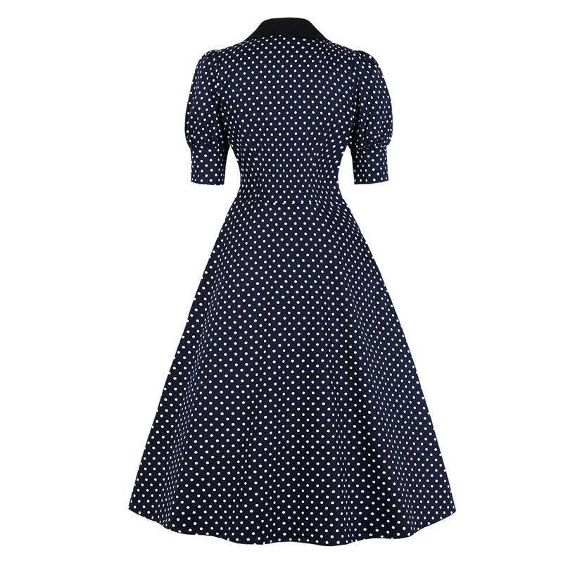 FashionSprout Dresses Navy Blue Short Puff Sleeves Polka Dots 50s Mid-Calf Dress - Image 2