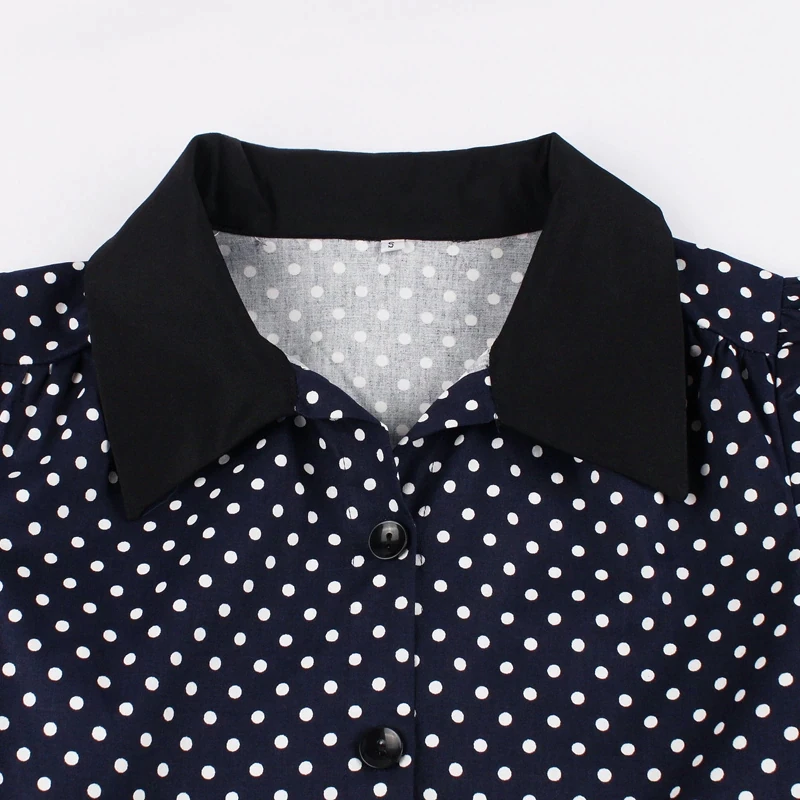 FashionSprout Dresses Navy Blue Short Puff Sleeves Polka Dots 50s Mid-Calf Dress - Image 3