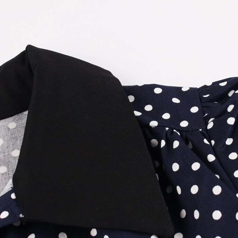 FashionSprout Dresses Navy Blue Short Puff Sleeves Polka Dots 50s Mid-Calf Dress - Image 4