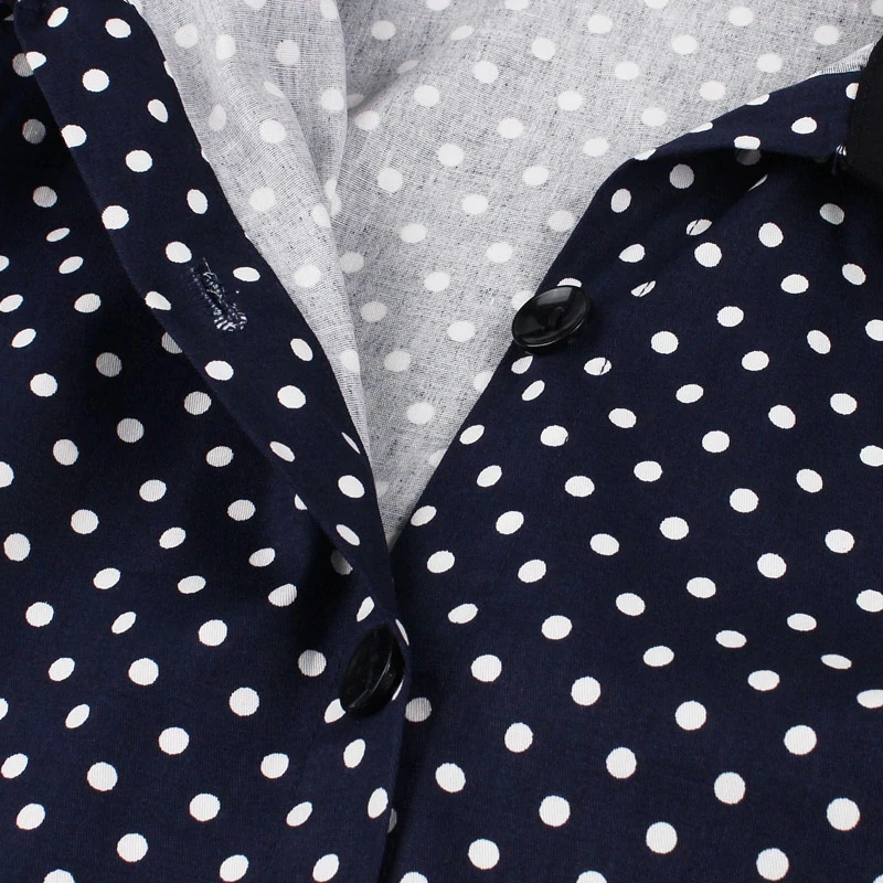 FashionSprout Dresses Navy Blue Short Puff Sleeves Polka Dots 50s Mid-Calf Dress - Image 5