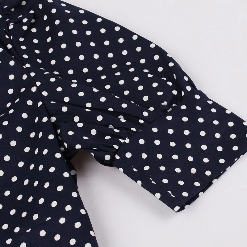 FashionSprout Dresses Navy Blue Short Puff Sleeves Polka Dots 50s Mid-Calf Dress - Image 6