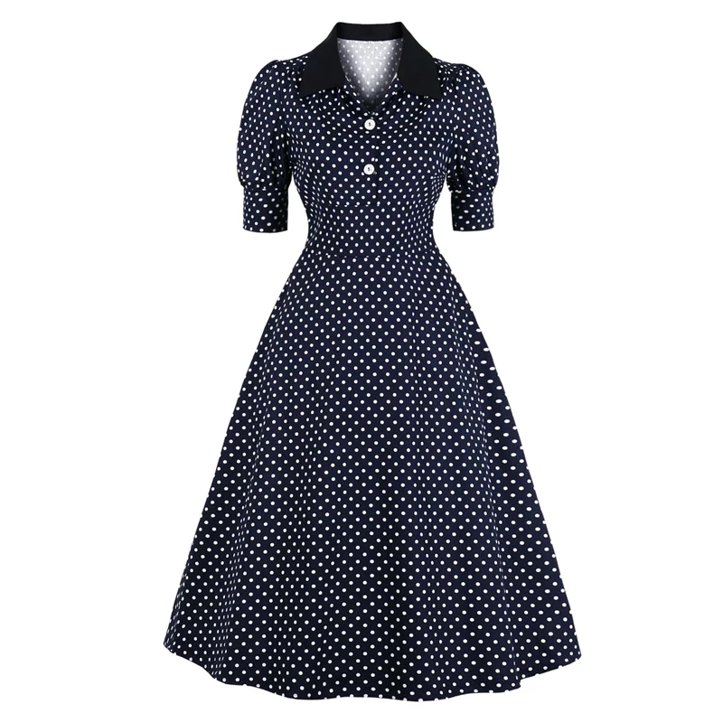 FashionSprout Dresses Navy Blue Short Puff Sleeves Polka Dots 50s Mid-Calf Dress