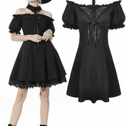 Dark In Love Dresses Off Shoulder Choker Collar Lace Up Ruffled Black Gothic Lolita Dress