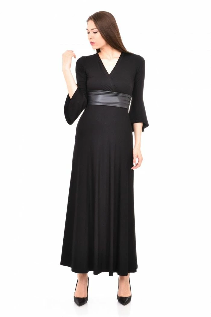 RebelsMarket Dresses Black Long Dress, Flaved Sleeves, Midi Dress, Balloon Dress, Plus Size - Image 2