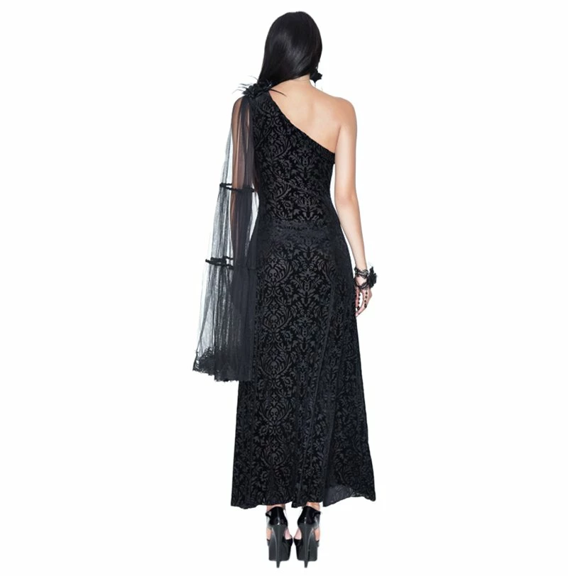 Eva Lady Dresses Gothic One Shoulder Black Jacquard Mesh Sleeve Embroidered Long Dress - Image 3