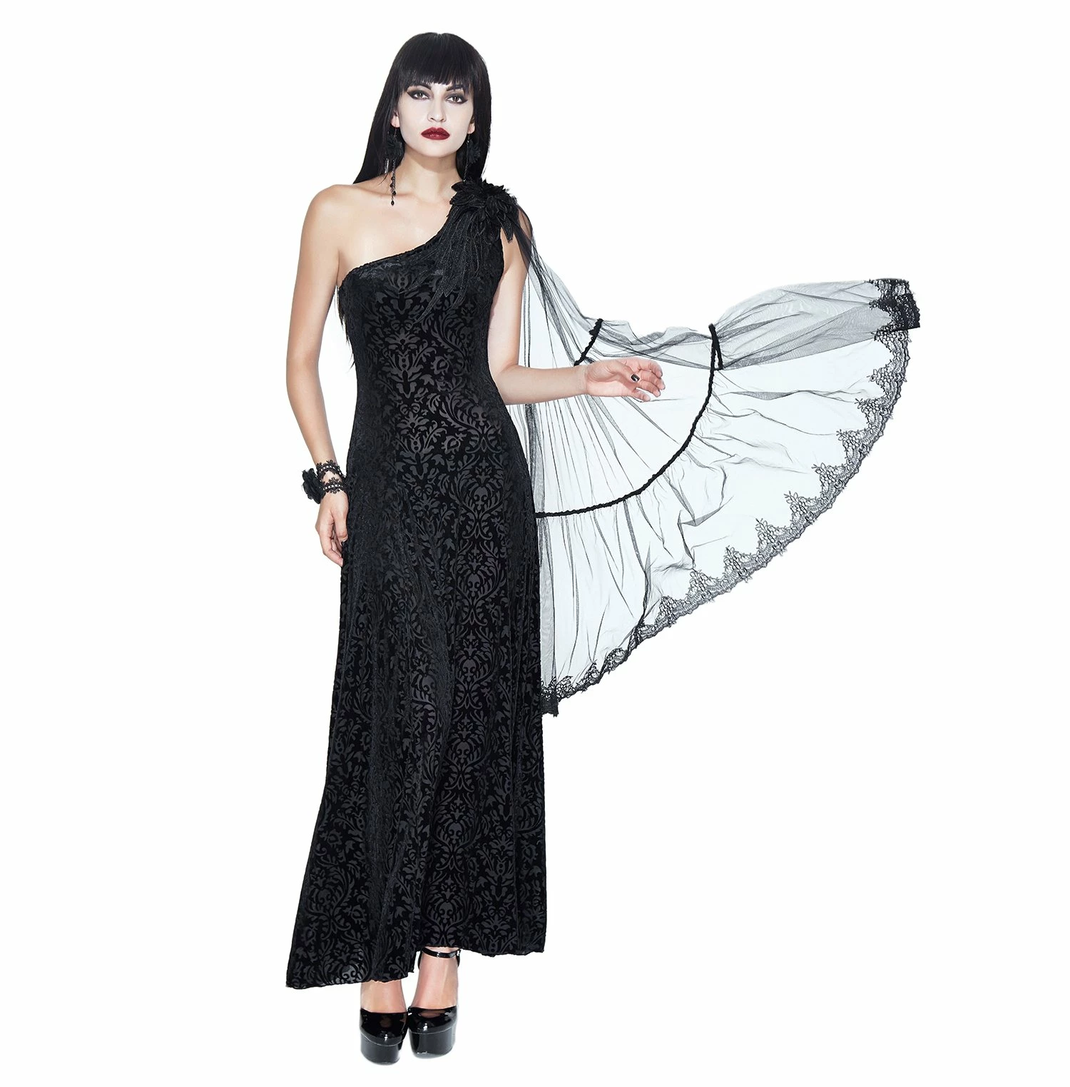 Eva Lady Dresses Gothic One Shoulder Black Jacquard Mesh Sleeve Embroidered Long Dress - Image 4