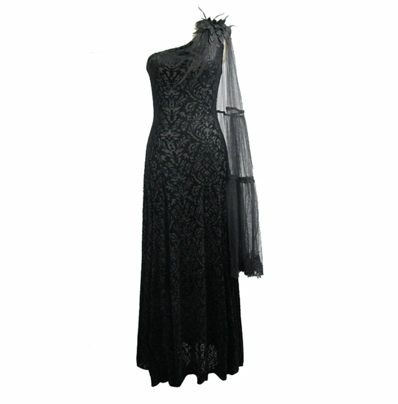 Eva Lady Dresses Gothic One Shoulder Black Jacquard Mesh Sleeve Embroidered Long Dress - Image 5