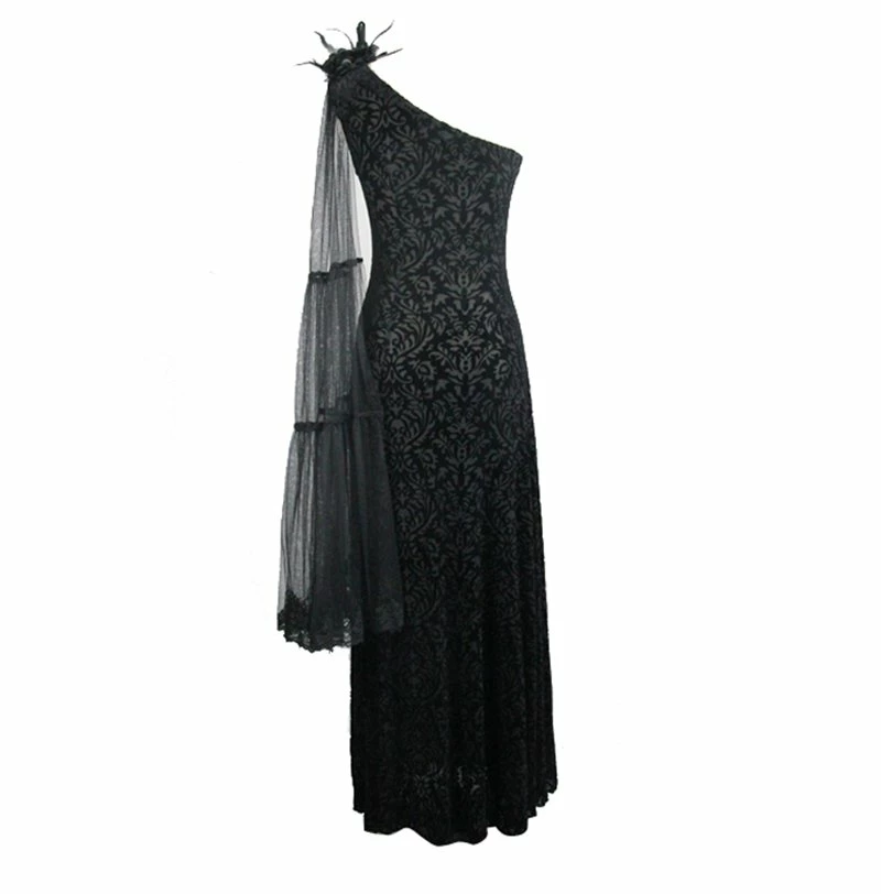 Eva Lady Dresses Gothic One Shoulder Black Jacquard Mesh Sleeve Embroidered Long Dress - Image 6