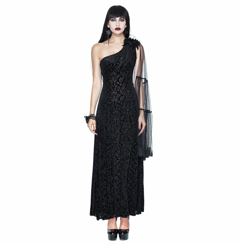 Eva Lady Dresses Gothic One Shoulder Black Jacquard Mesh Sleeve Embroidered Long Dress