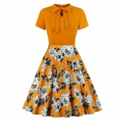 FashionSprout Dresses Orange Floral Pattern Tie-Neck A-Line 50s Dress