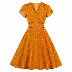 RebelsMarket Dresses Orange Little Heart Print V Neck High-Waist Zipper Dress